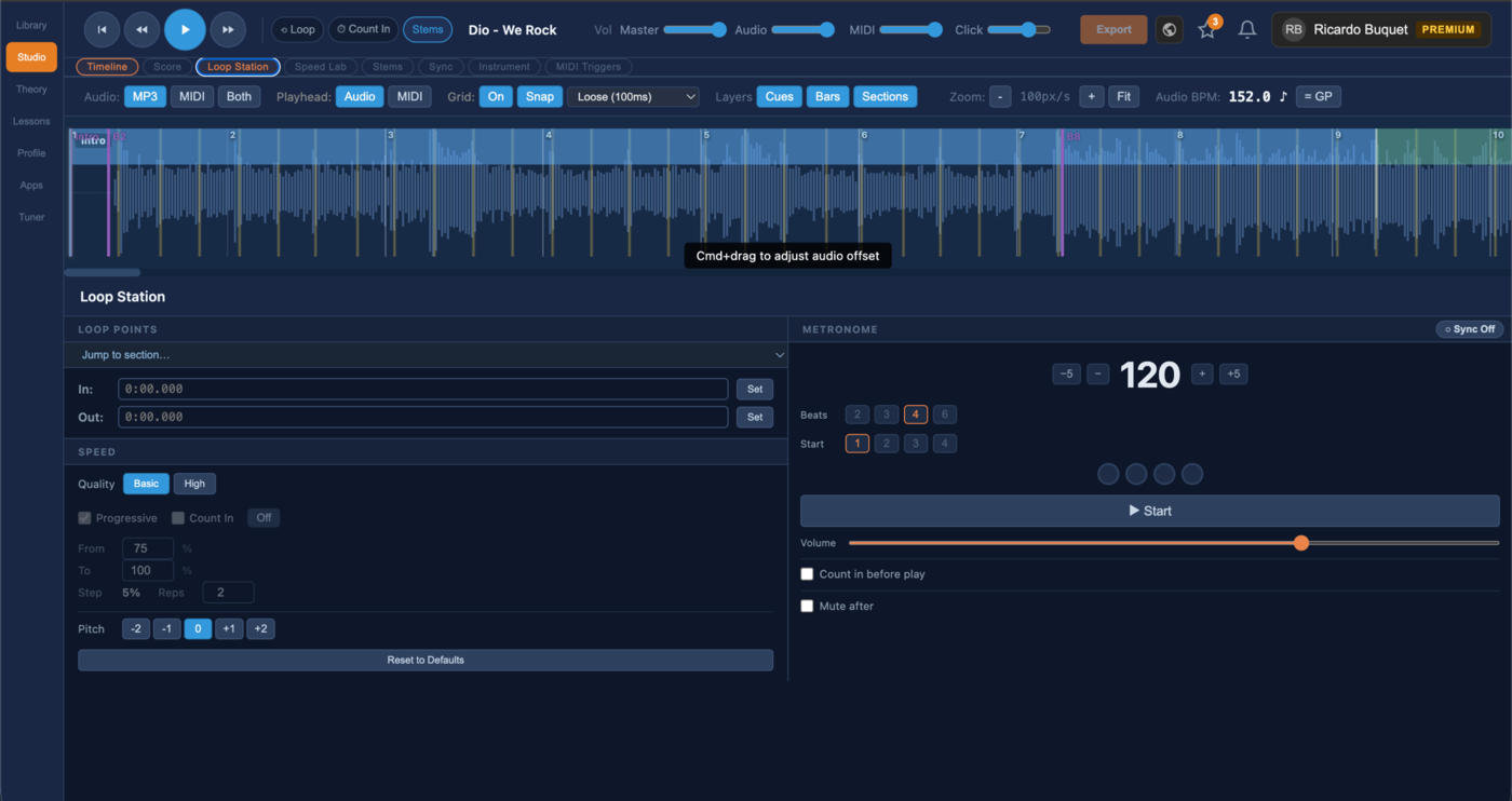 HeroicGuitar Studio — waveform timeline and loop station